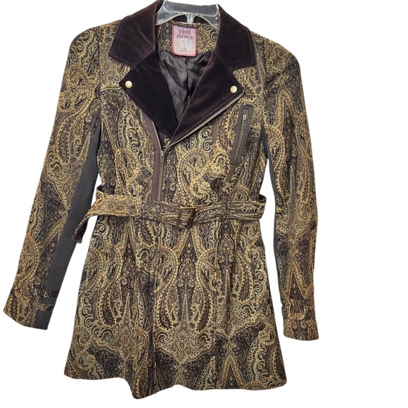 Free People Paisley Velvet Snap Down Collar Belted Jacket Coat - Picture 7 of 11